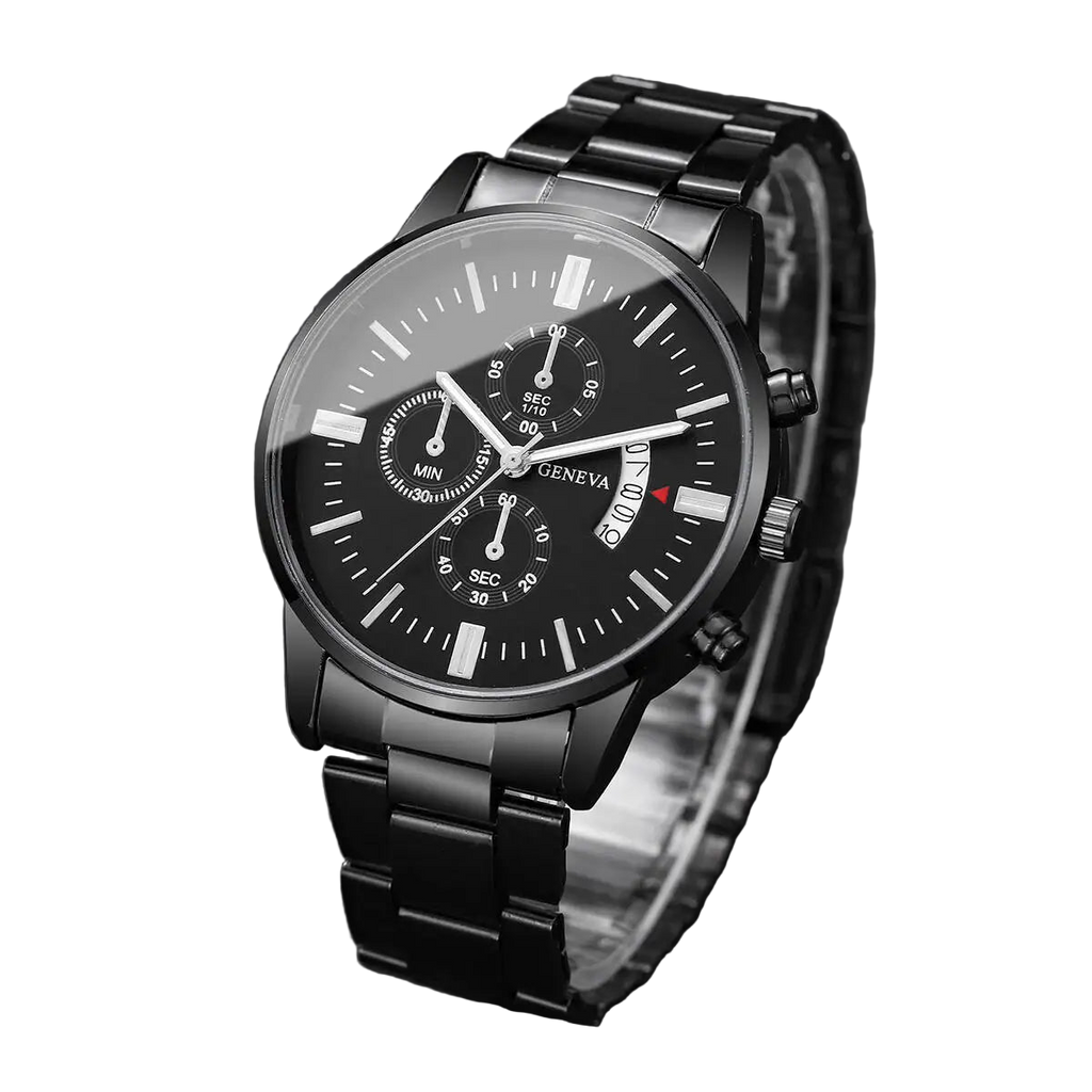 Black wristwatch with detailed face on a dark background