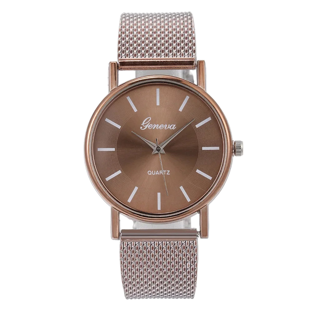 Wristwatch with brown dial and silver mesh band on a white background