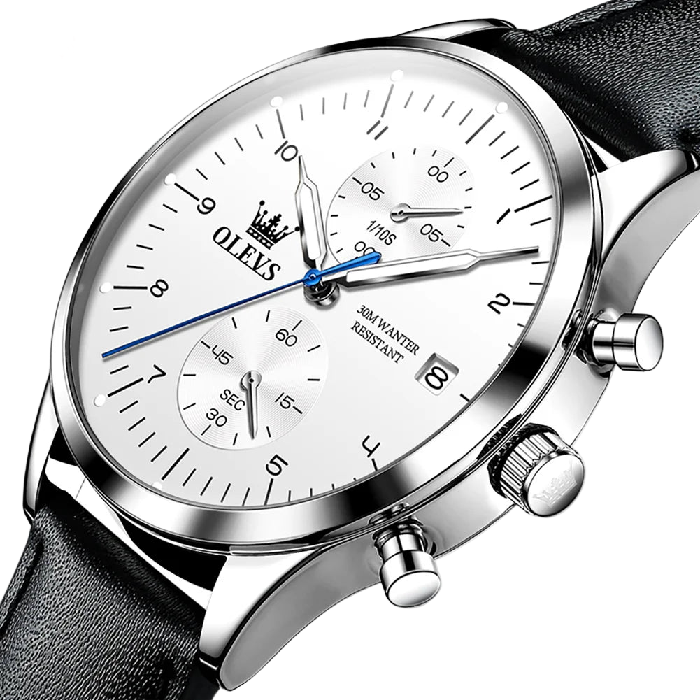 OLEVS watch with silver case and black leather strap on a white background