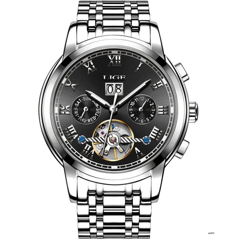 2025 LIGE Mens Watches Automatic Mechanical Watch Tourbillon Sport Clock Leather Casual Business Retro Wristwatch Relojes ...