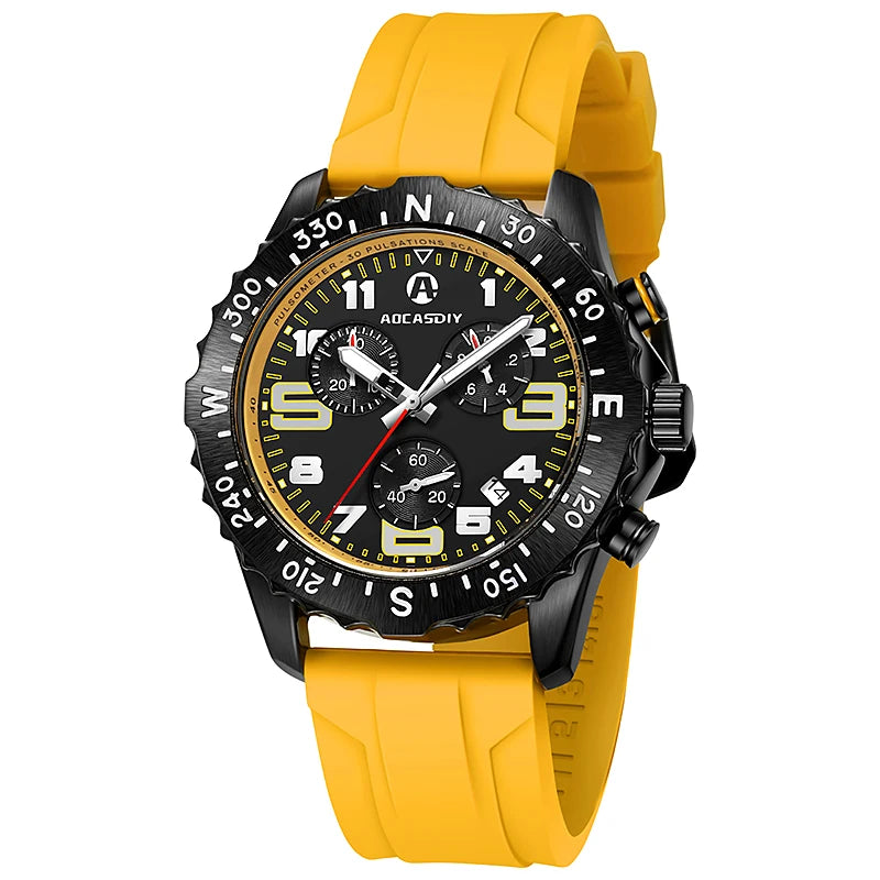 Wristwatch with yellow strap and black dial on a white background