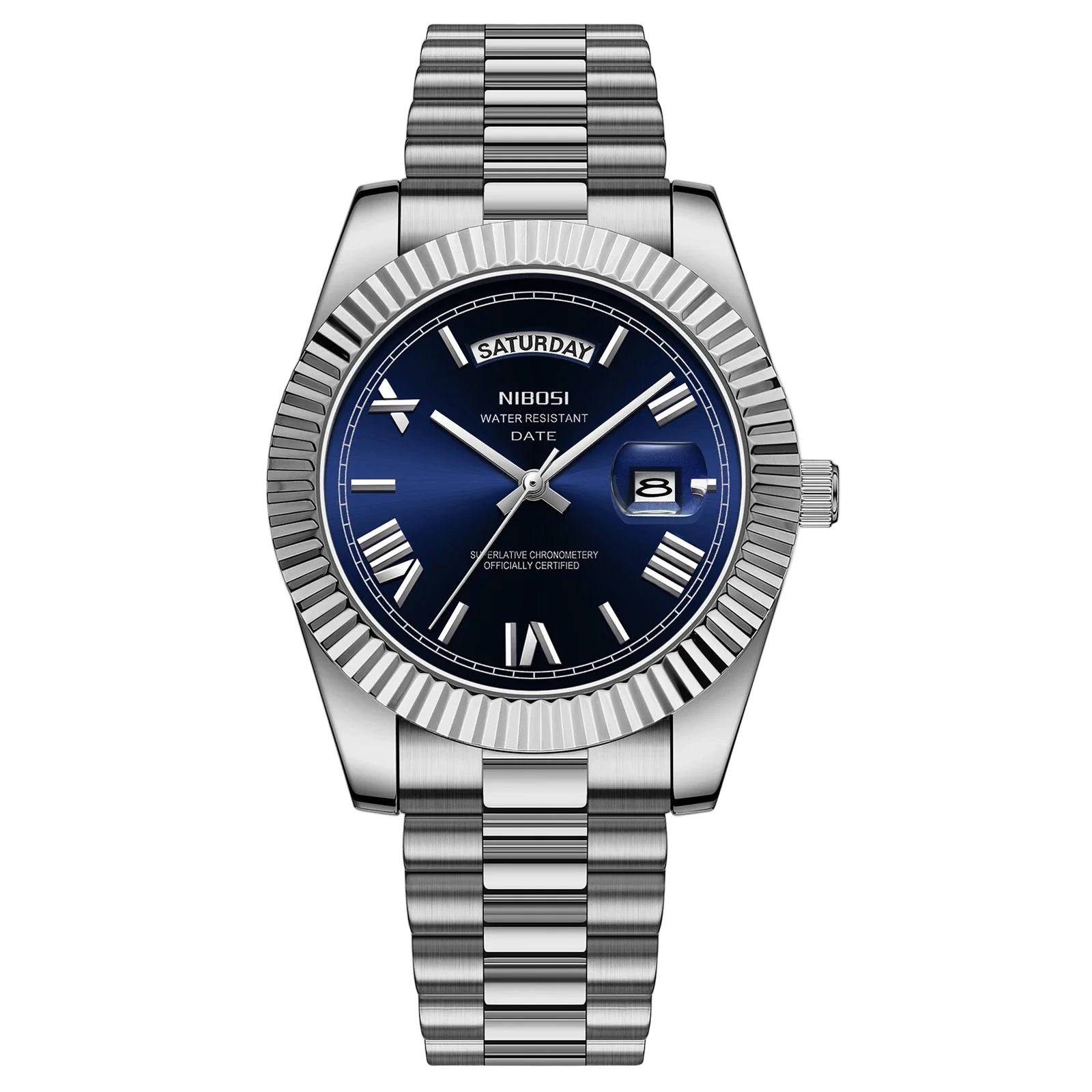Silver NIBOSI watch with blue dial on a white background
