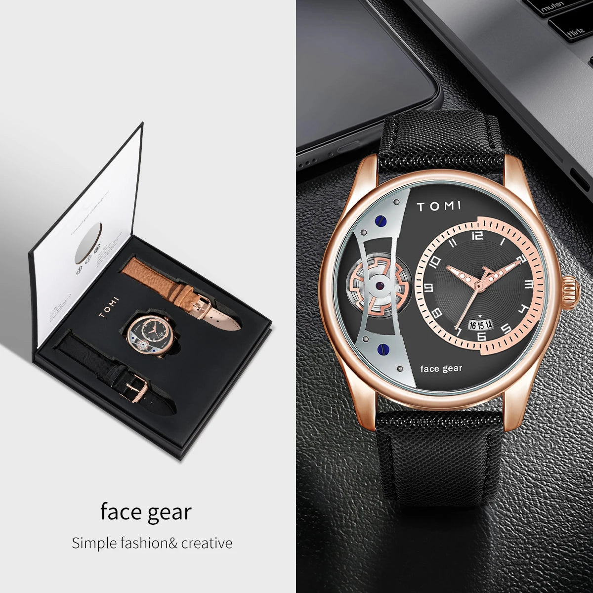 Tomi watch with black strap and rose gold case on a dark surface, next to an open box with additional watches.
