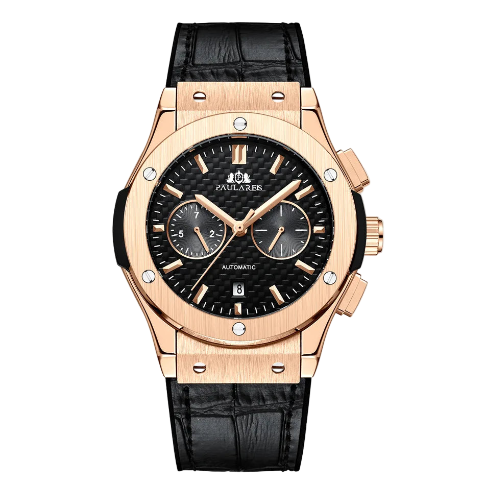 Luxury watch with rose gold case and black leather strap on a white background