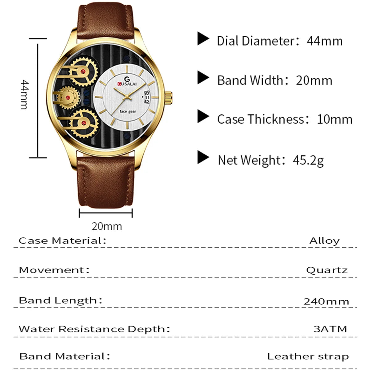 2025 New Men Watch Black Leather Creative Rotating Gear 44mm Military Sports Wind Clock Quartz Movement Wrist Watch reloj hombre