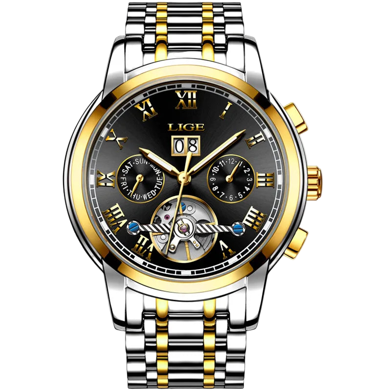 2025 LIGE Mens Watches Automatic Mechanical Watch Tourbillon Sport Clock Leather Casual Business Retro Wristwatch Relojes ...