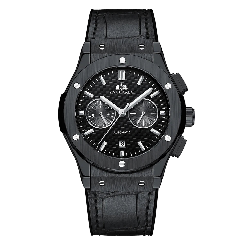 Black watch with detailed face on a white background