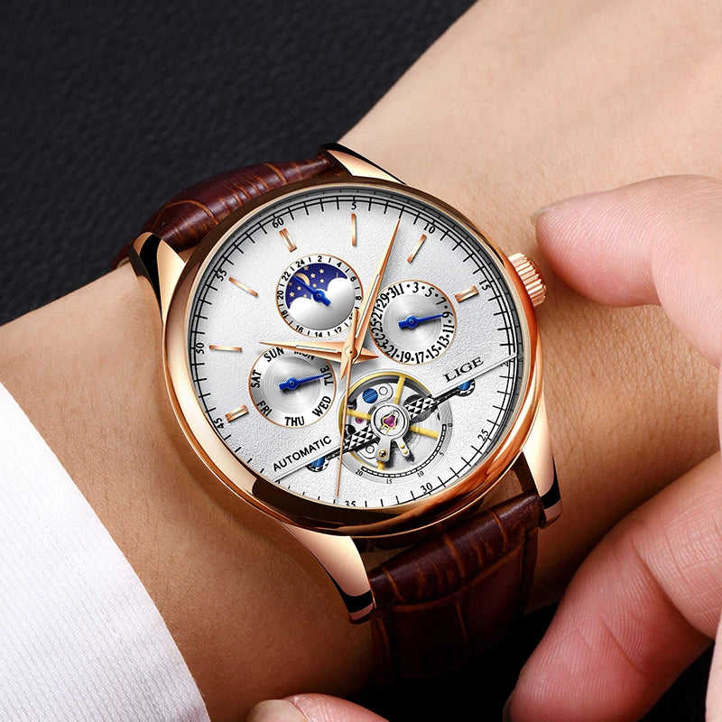 2025 LIGE Mens Watches Automatic Mechanical Watch Tourbillon Sport Clock Leather Casual Business Retro Wristwatch Relojes ...