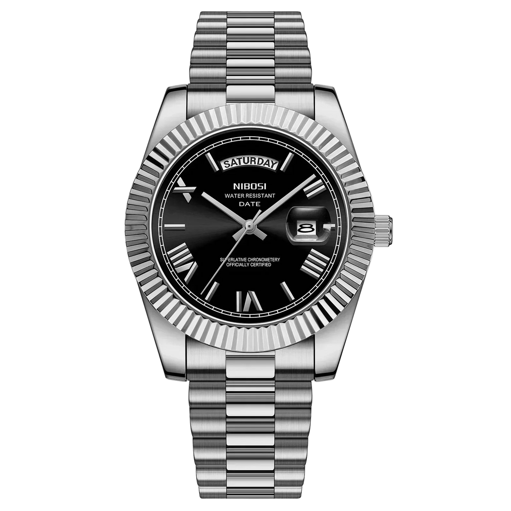Silver NIBOSI watch with black dial on a white background