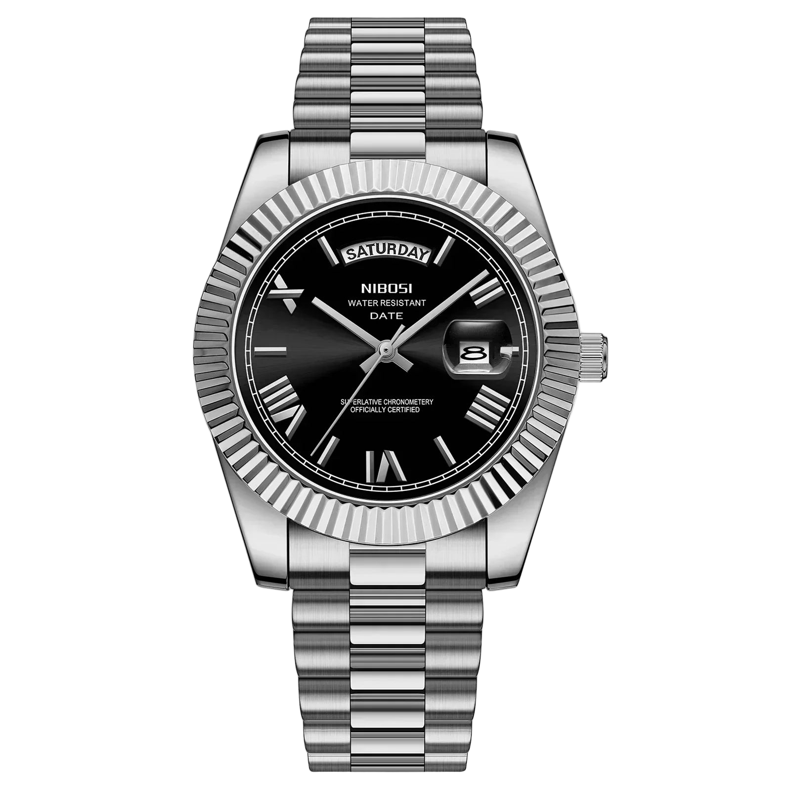 Silver NIBOSI watch with black dial on a white background
