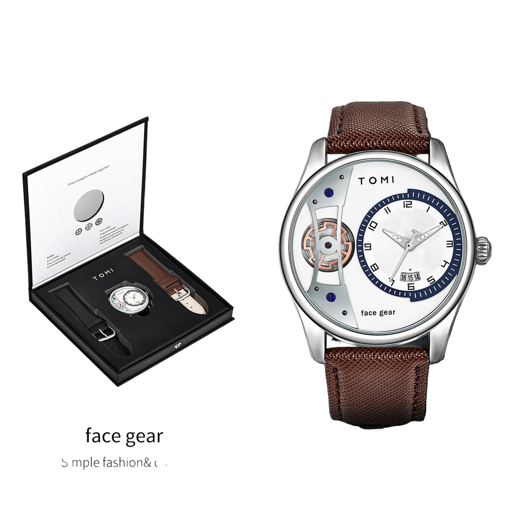 Tomi watch with brown leather strap and open box displaying accessories on a white background.