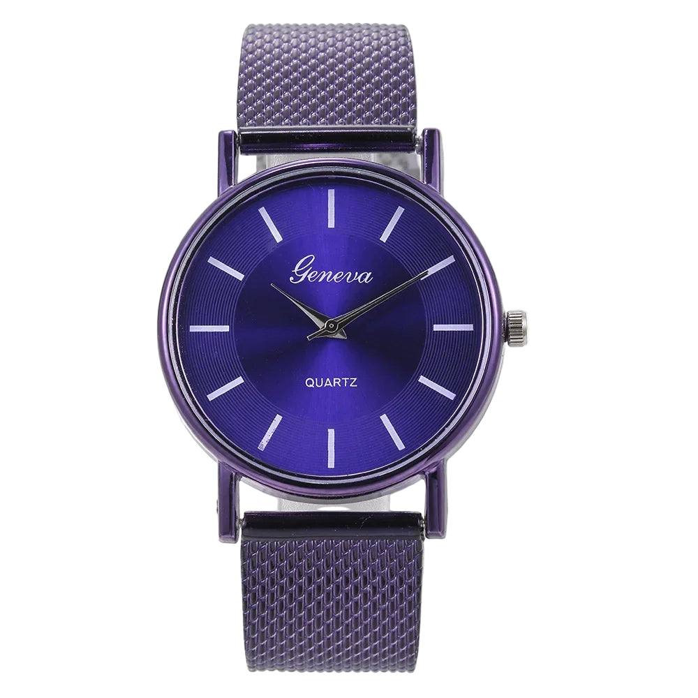 Purple watch with a mesh band on a white background