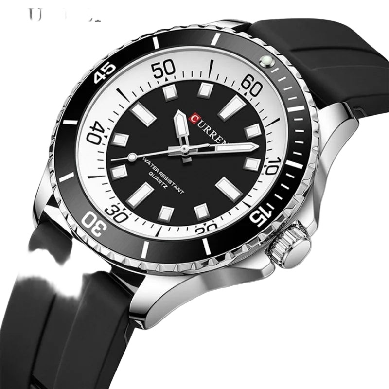 Curren watch with black dial and strap on a white background