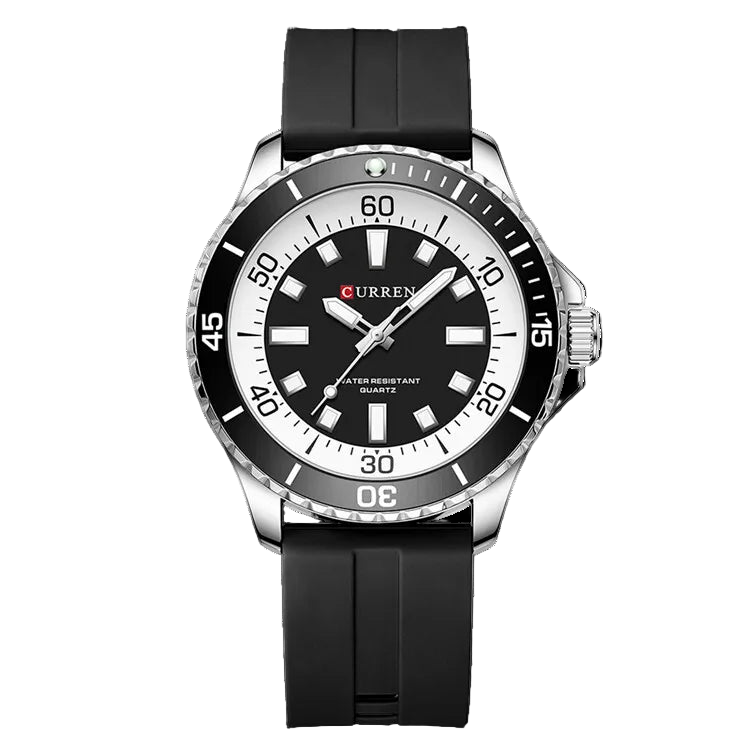 Curren watch with black strap and white dial on a white background