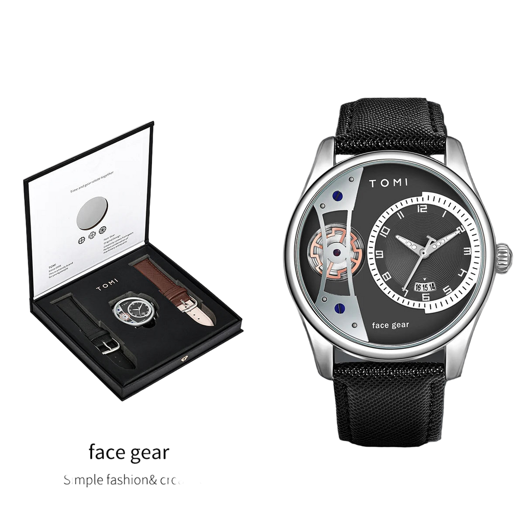Tomi watch with black face and mesh strap, displayed with packaging on a white background.