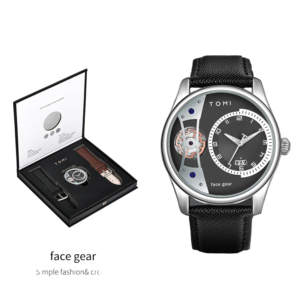 Tomi watch with black face and mesh strap, displayed with packaging on a white background.