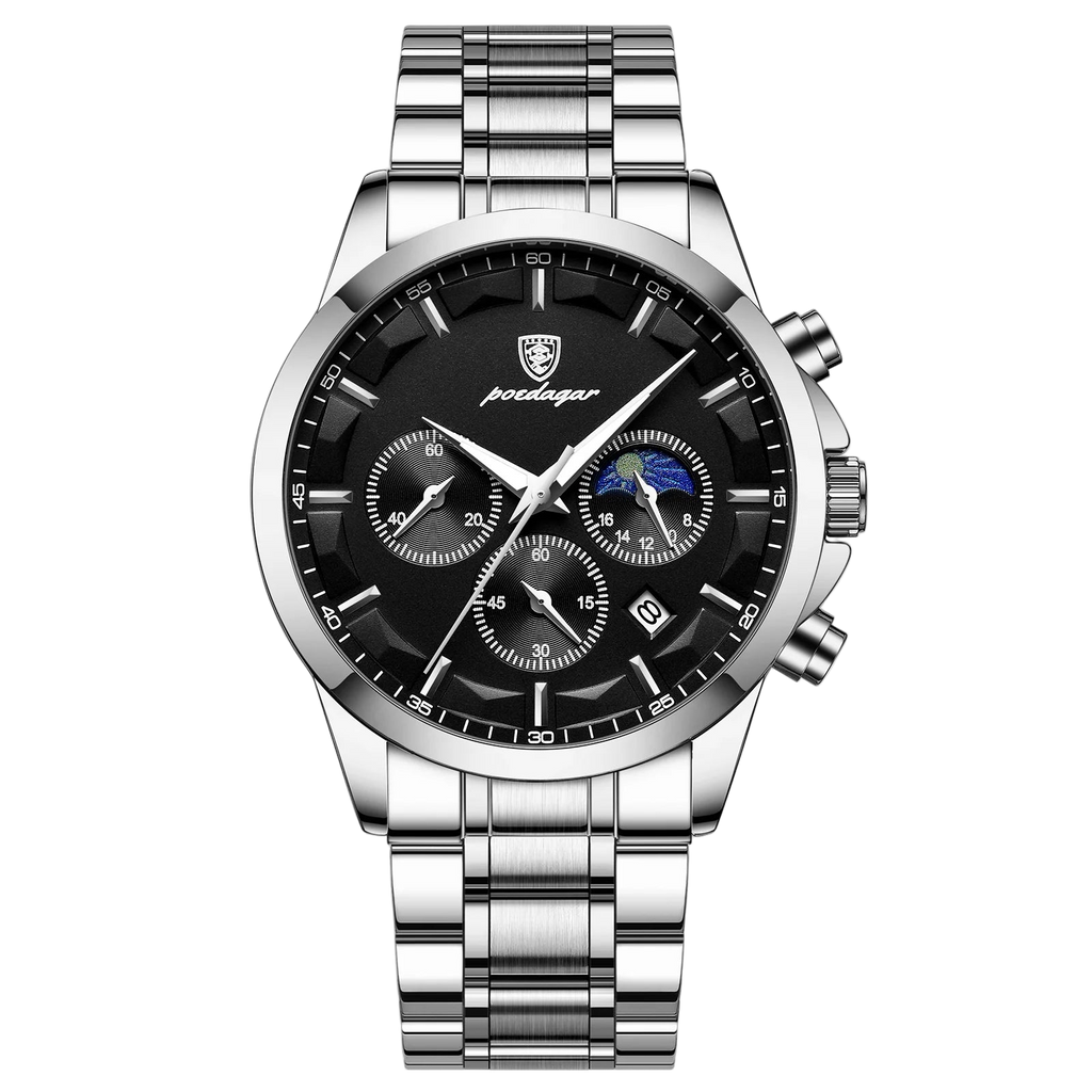 Silver watch with black face on a white background, featuring the Poedagar brand.