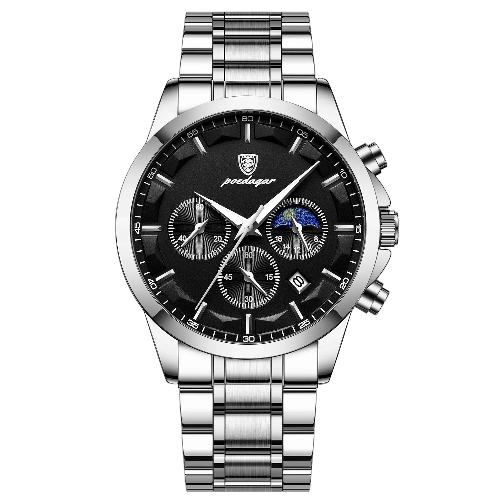 Silver watch with black face on a white background, featuring the Poedagar brand.