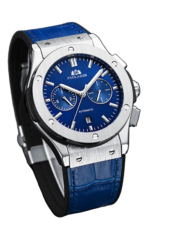 Luxury watch with blue strap and face on a dark background