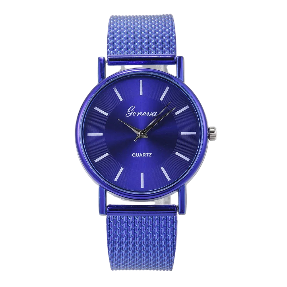 Blue watch with mesh band on a white background