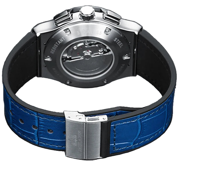 Wristwatch with blue strap and silver case on a dark surface