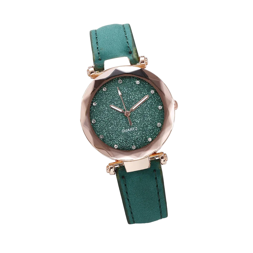 Green watch with rose gold accents on a white background