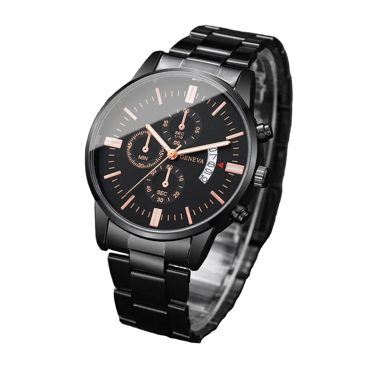 Black wristwatch with detailed face on a dark background