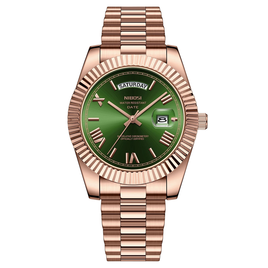 Rose gold watch with green dial on a white background, featuring the NIBOSI brand.