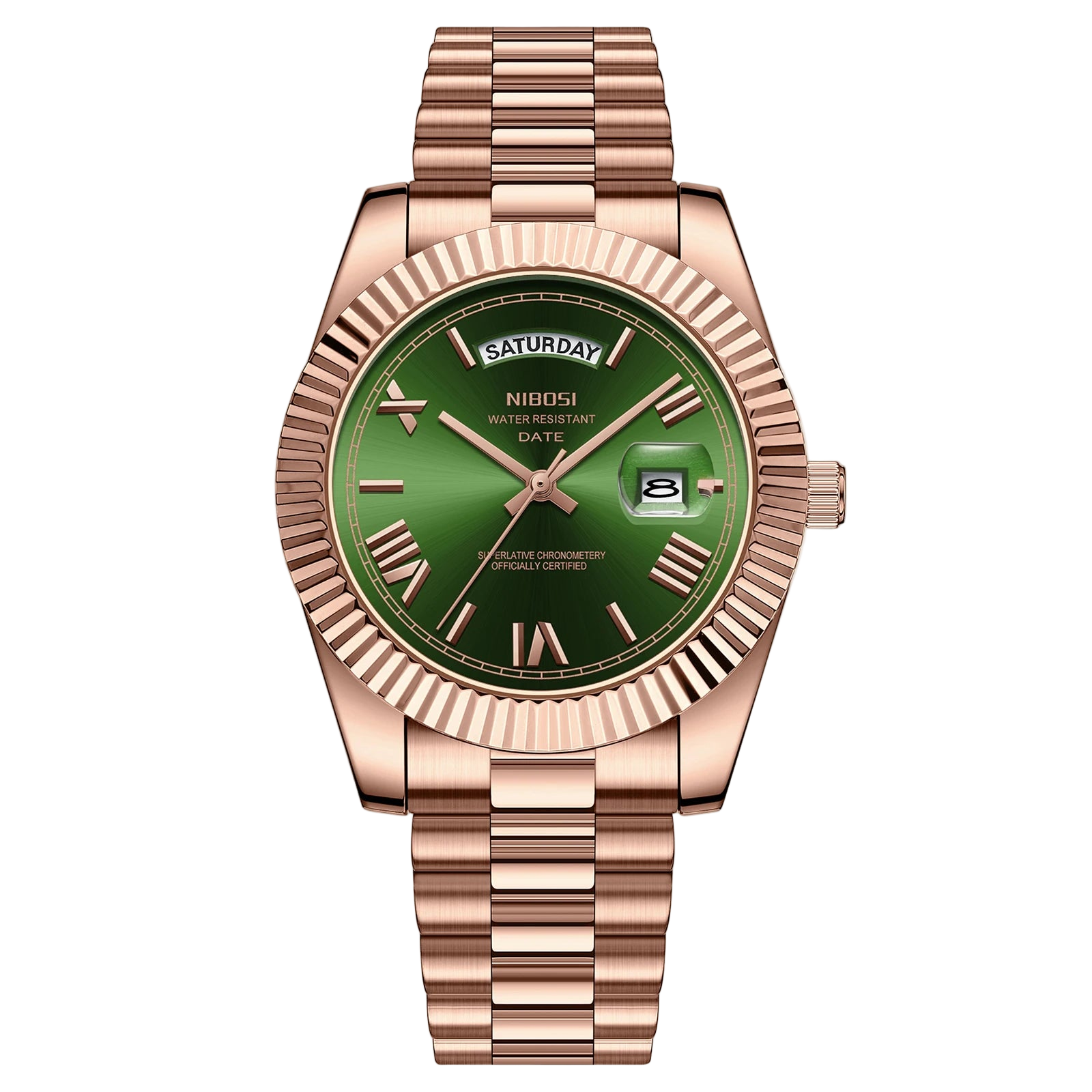 Rose gold watch with green dial on a white background, featuring the NIBOSI brand.