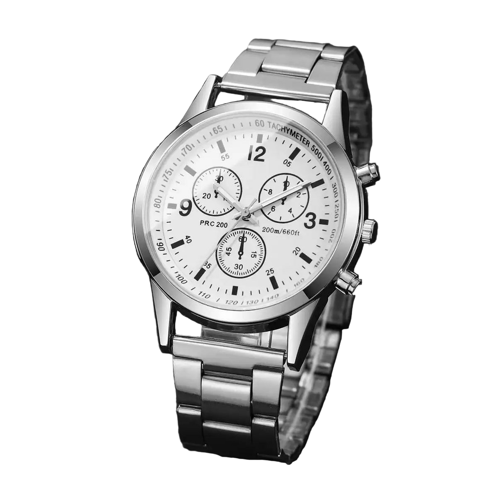Silver wristwatch with a detailed face on a dark background