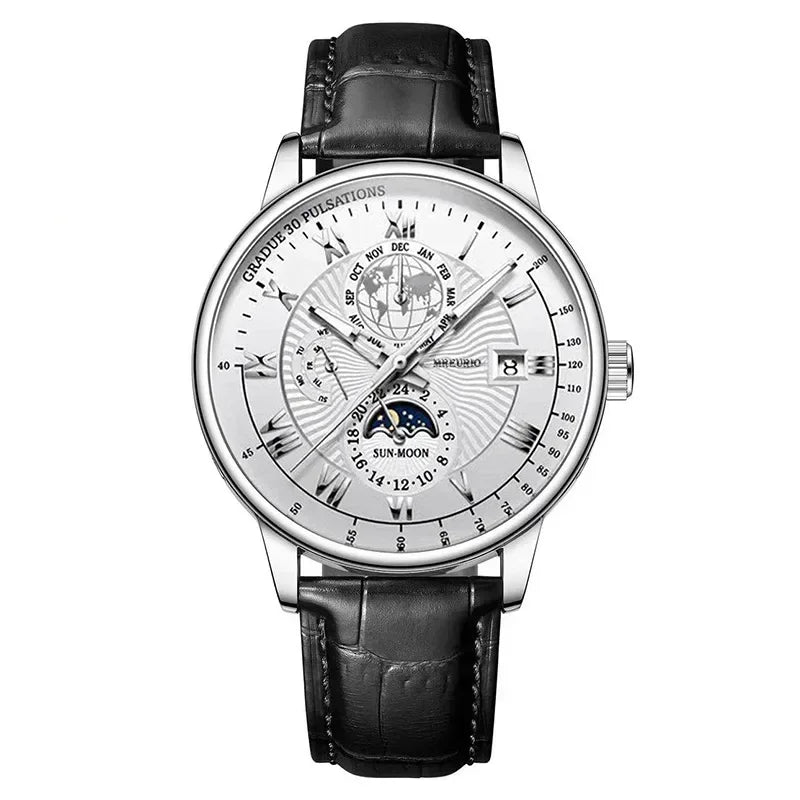 Wristwatch with detailed face and black leather strap on white background
