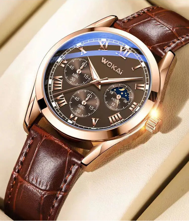 Wokai watch with brown leather strap on a light background