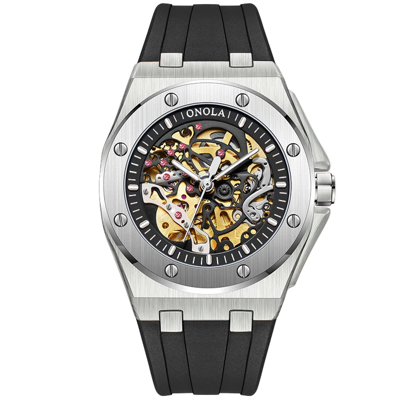 Watch with black strap and visible mechanical components on a white background