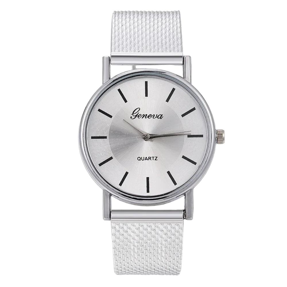 Silver watch with 'Geneva' branding on a white background
