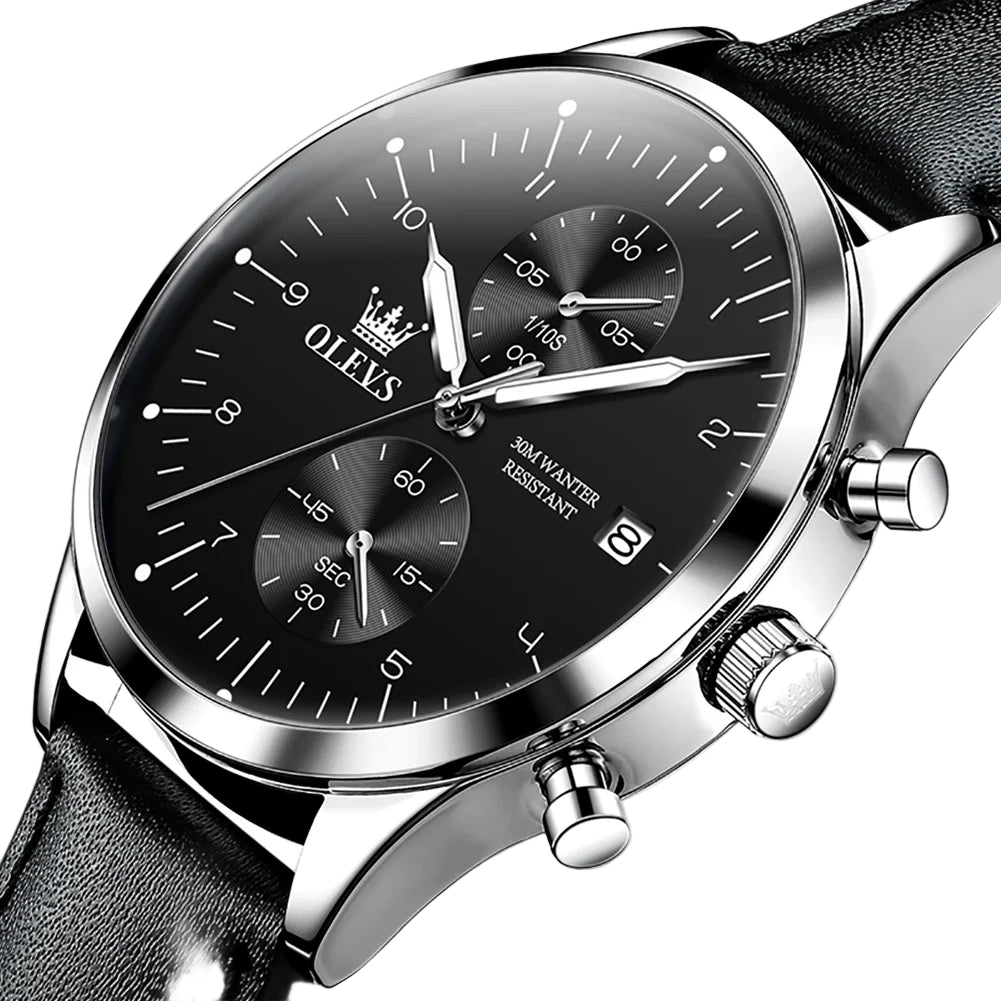 Black wristwatch with silver accents on a white background