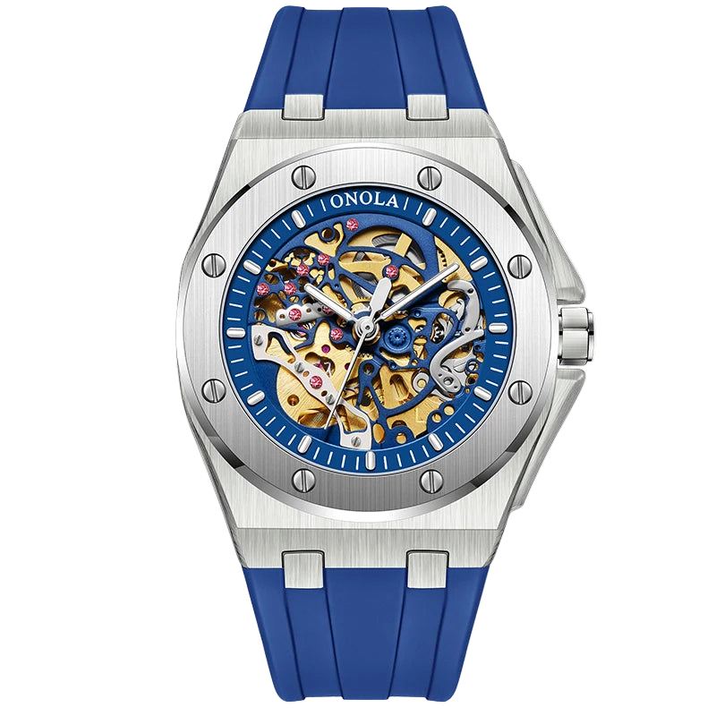 Watch with blue strap and visible mechanical components on a white background