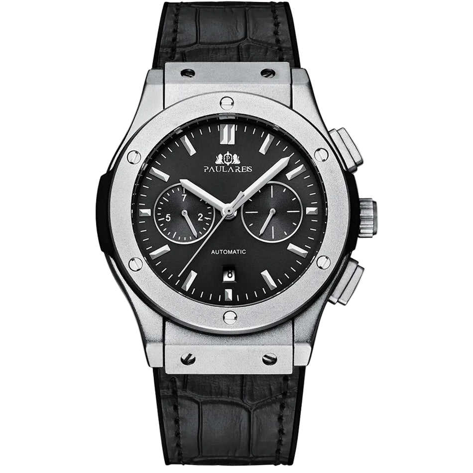 Luxury watch with black dial and leather strap on a white background