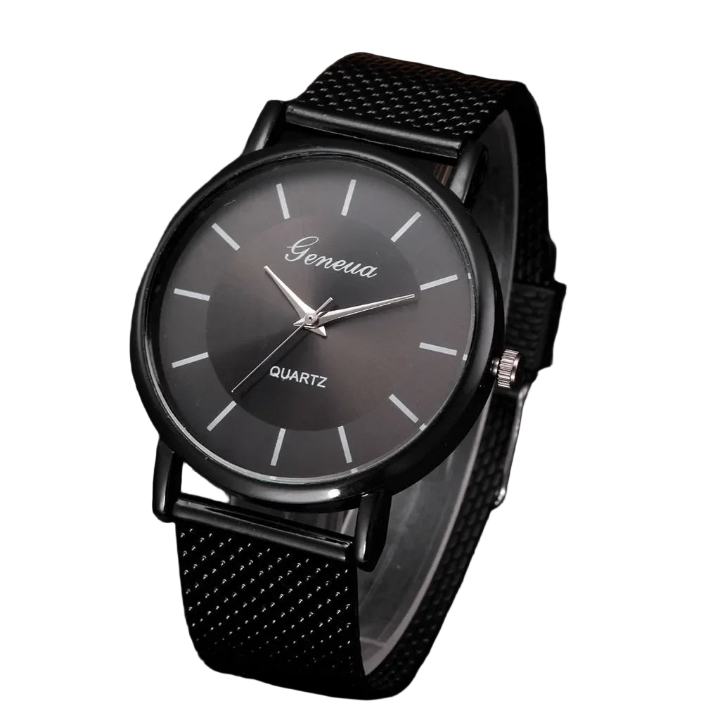Black watch with 'Geneva' branding on a dark background