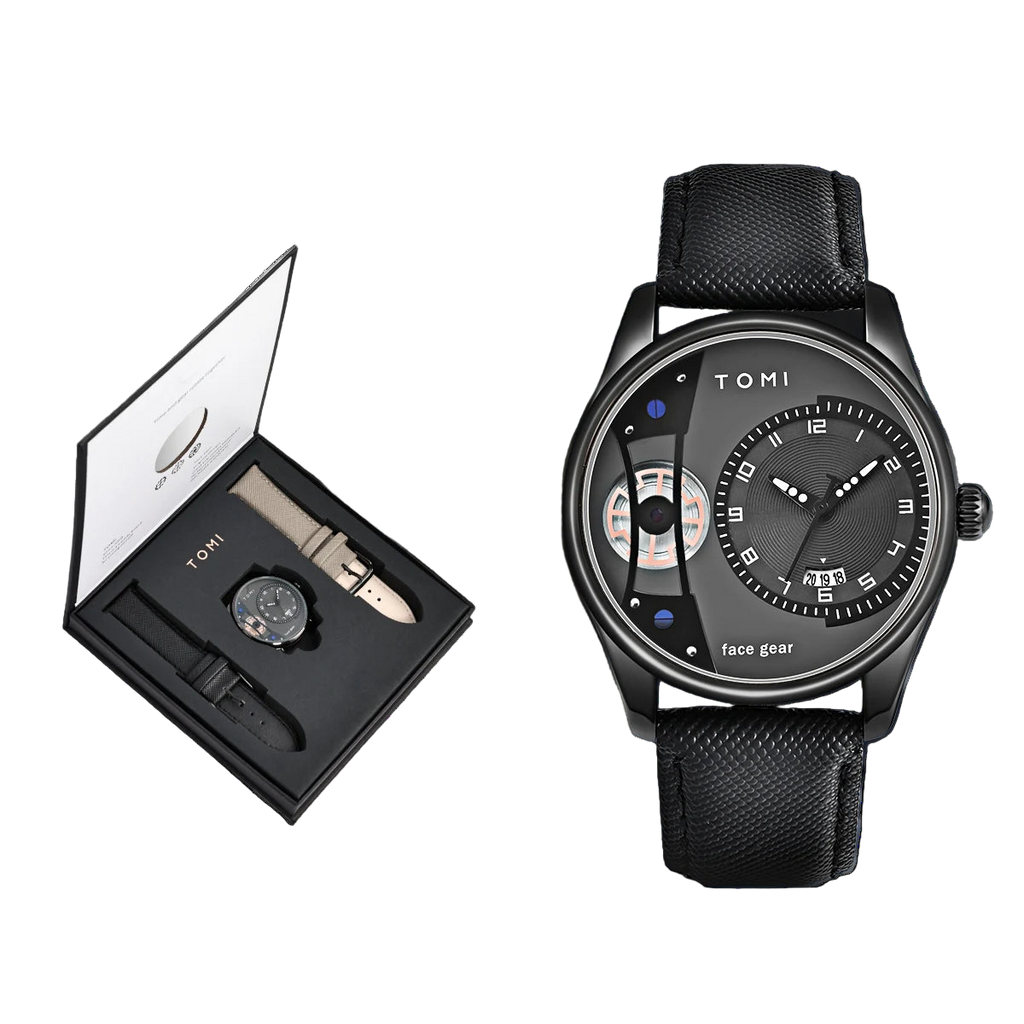 Black TOMI watch with detailed face and packaging on a dark background