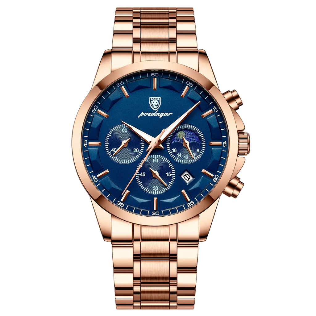 Rose gold watch with blue dial on a white background, featuring the Poedagar brand.