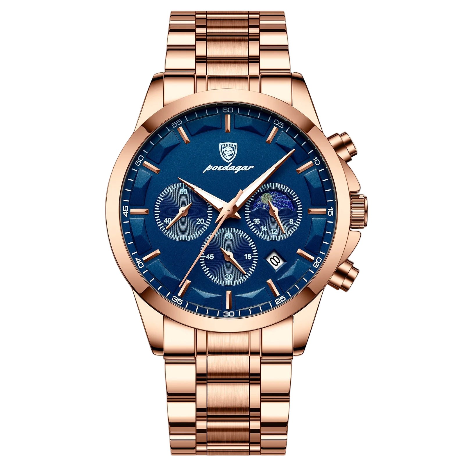 Rose gold watch with blue dial on a white background, featuring the Poedagar brand.