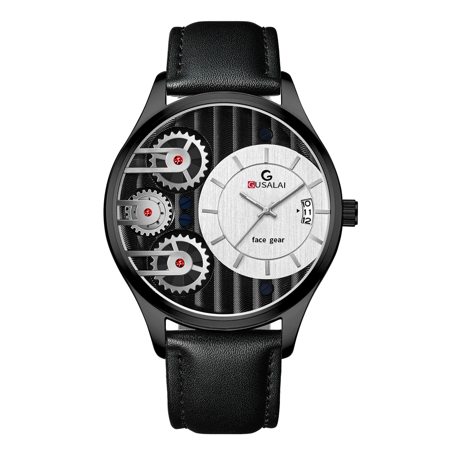 2025 New Men Watch Black Leather Creative Rotating Gear 44mm Military Sports Wind Clock Quartz Movement Wrist Watch reloj hombre