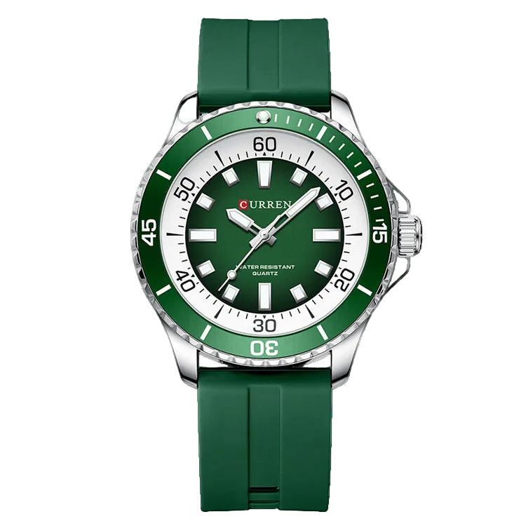 Green watch with white face on a white background, featuring the brand 'Curren'.