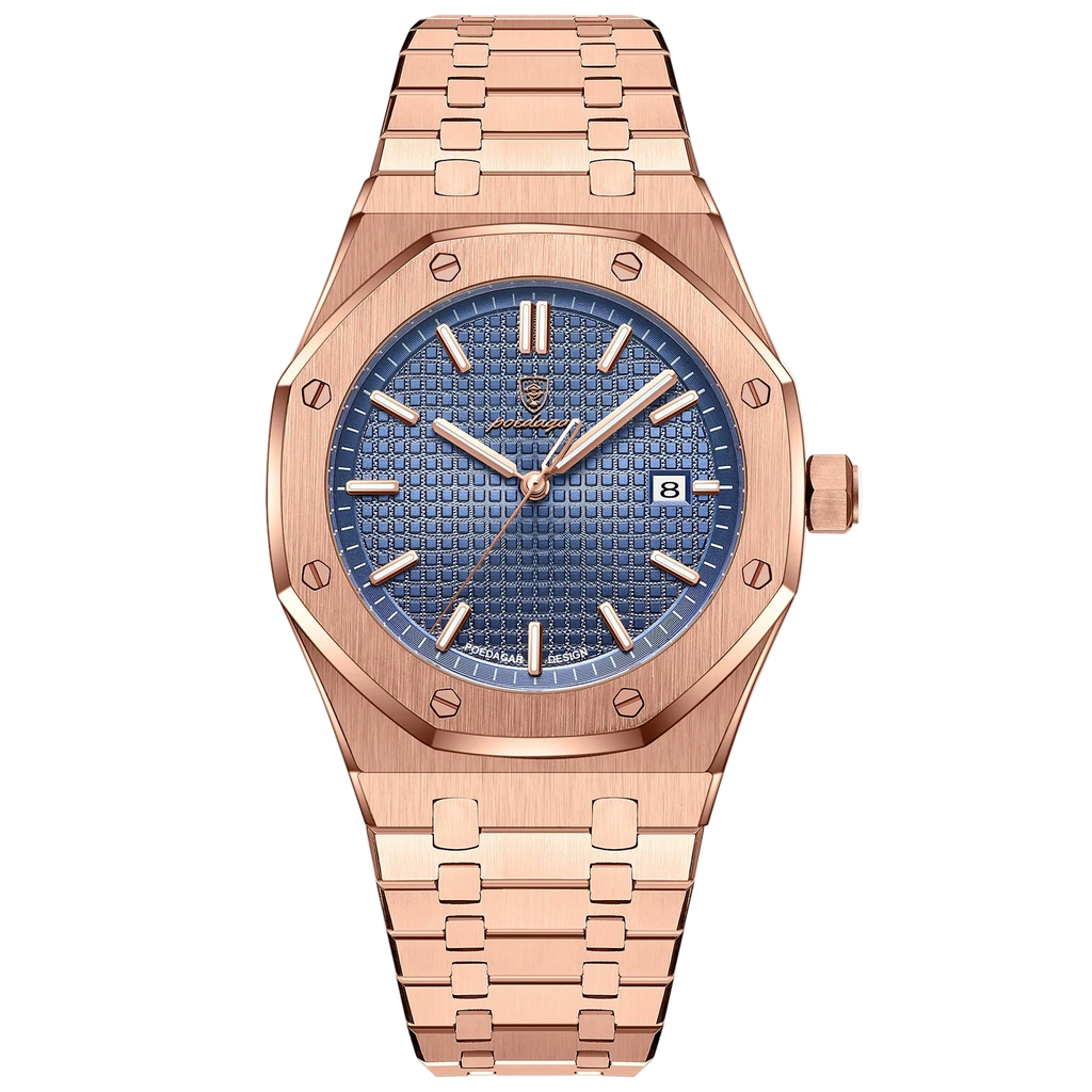 Rose gold watch with blue face on a white background, featuring the POEDAGAR brand.