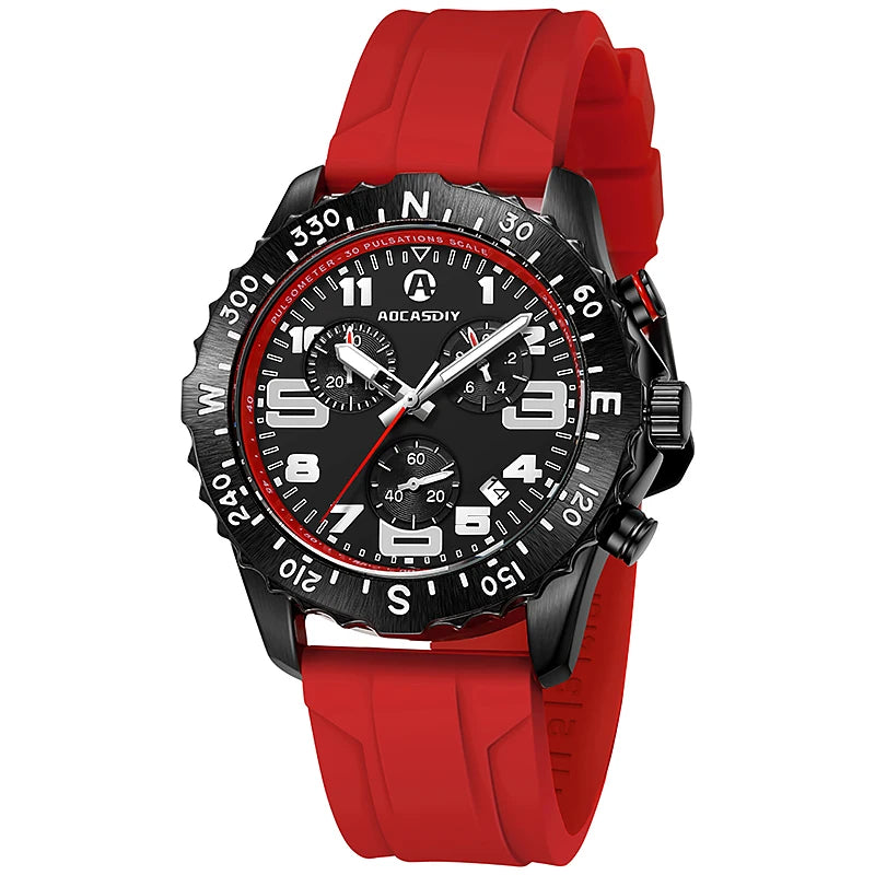 Wristwatch with red strap and black dial on a white background