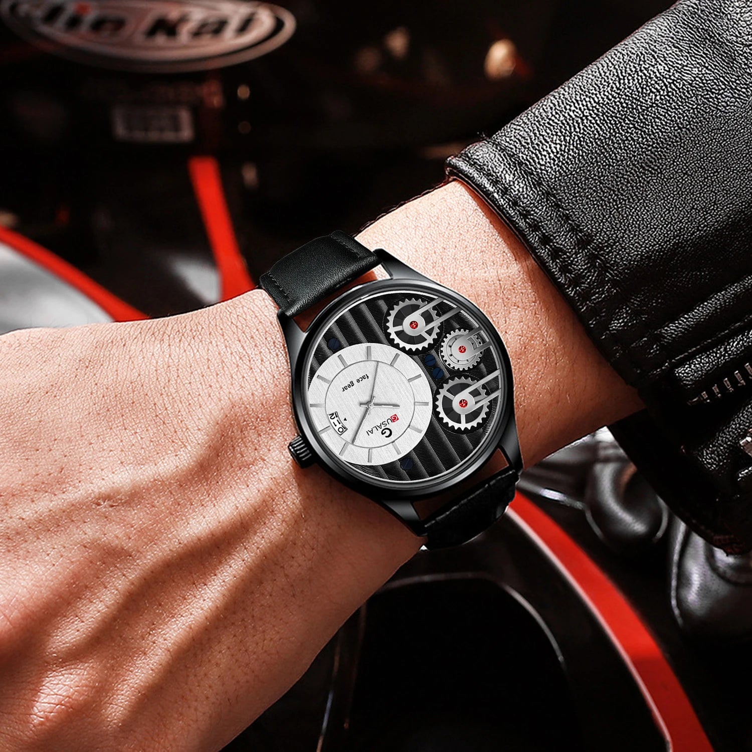 2025 New Men Watch Black Leather Creative Rotating Gear 44mm Military Sports Wind Clock Quartz Movement Wrist Watch reloj hombre