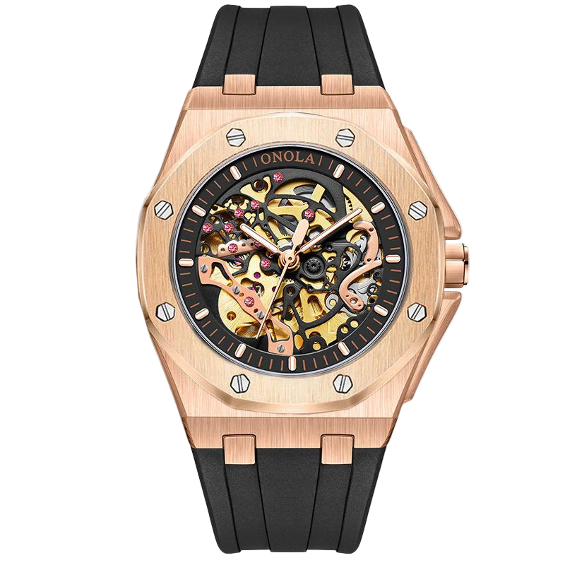 Luxury watch with rose gold case and black strap on white background