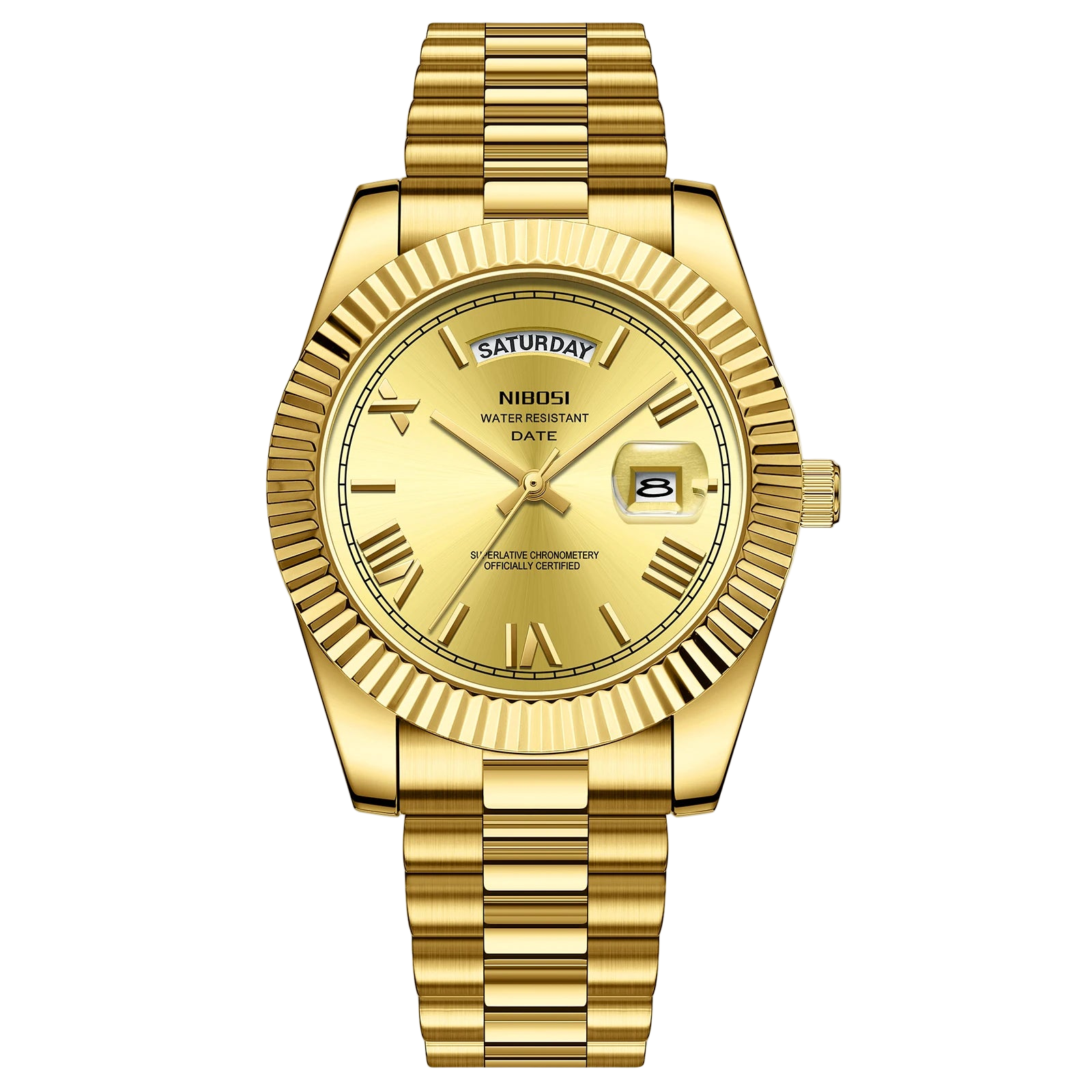 GoldNibosi watch with detailed face and brand name on a white background