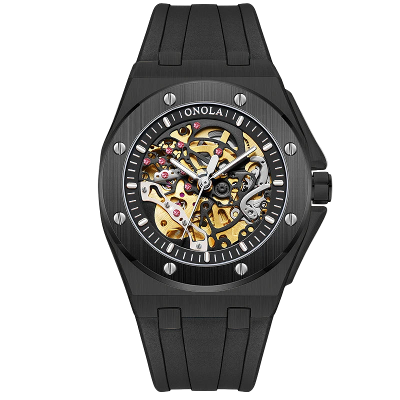 Black watch with visible mechanical components on a white background