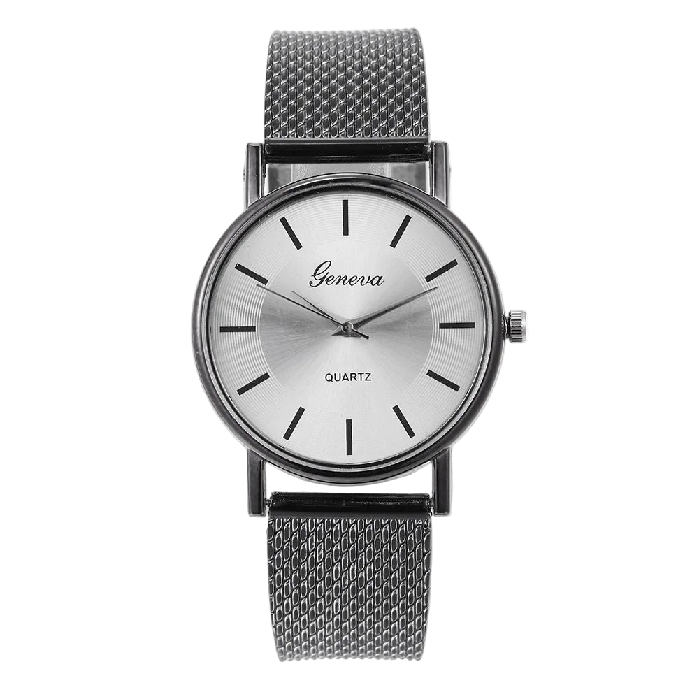 Silver watch with mesh band on a white background